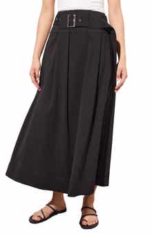 Pleated Belted A-Line Midi Skirt