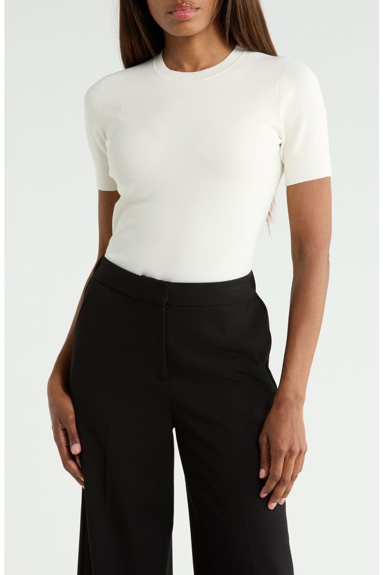 Short Sleeve Cotton Blend Crepe Crewneck Sweater, Main, color, CREAM