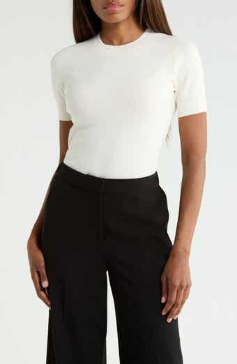 Short Sleeve Cotton Blend Crepe Crewneck Sweater