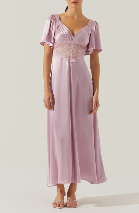 Aurelia Flutter Sleeve Lace 
Satin Dress