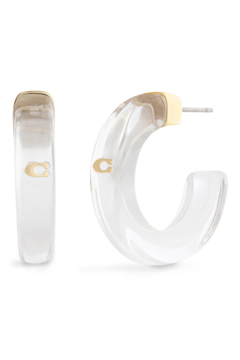 Signature C Resin Hoop Earrings, Main, color, CLEAR/ GOLD