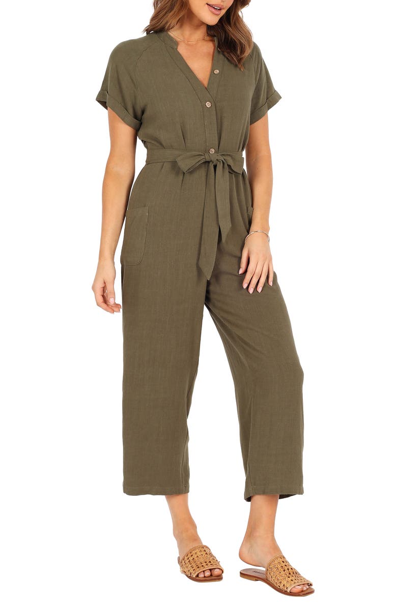 Petal & Pup Archie Tie Waist Linen Jumpsuit, Alternate, color, Olive