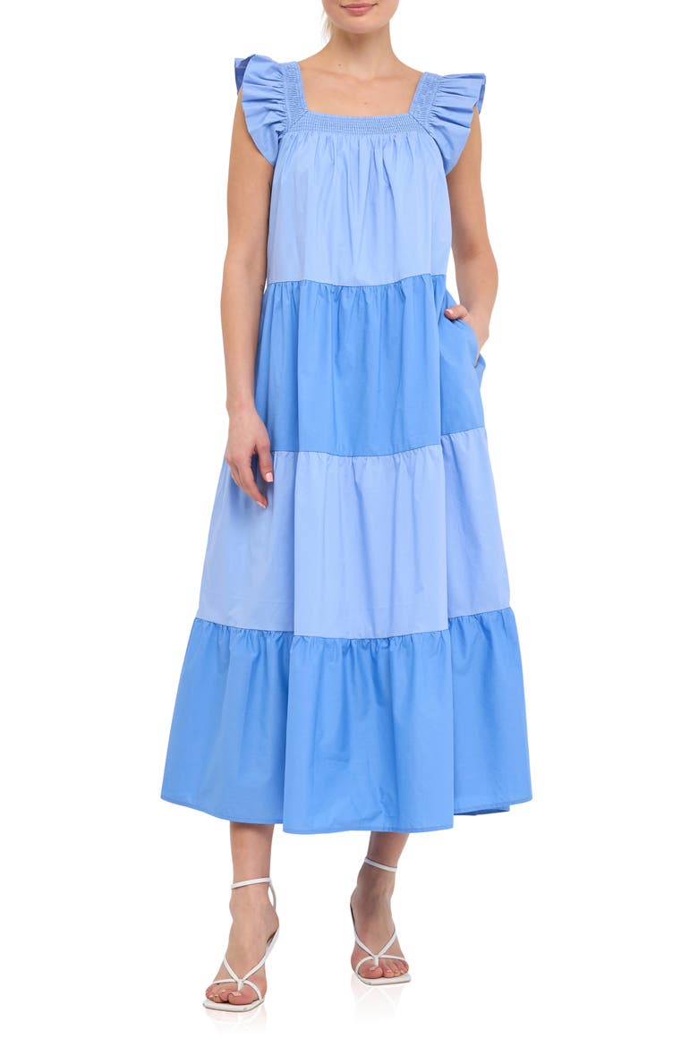 Flutter Sleeve Colorblock Cotton Midi Dress, Main, color, BLUE MULTI