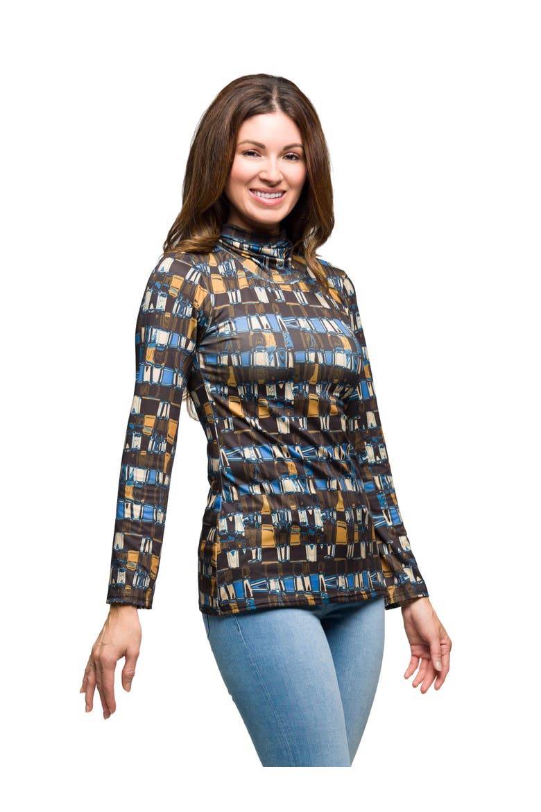 Mock Neck Long Sleeve Printed Top, Alternate, color, Brown Multi