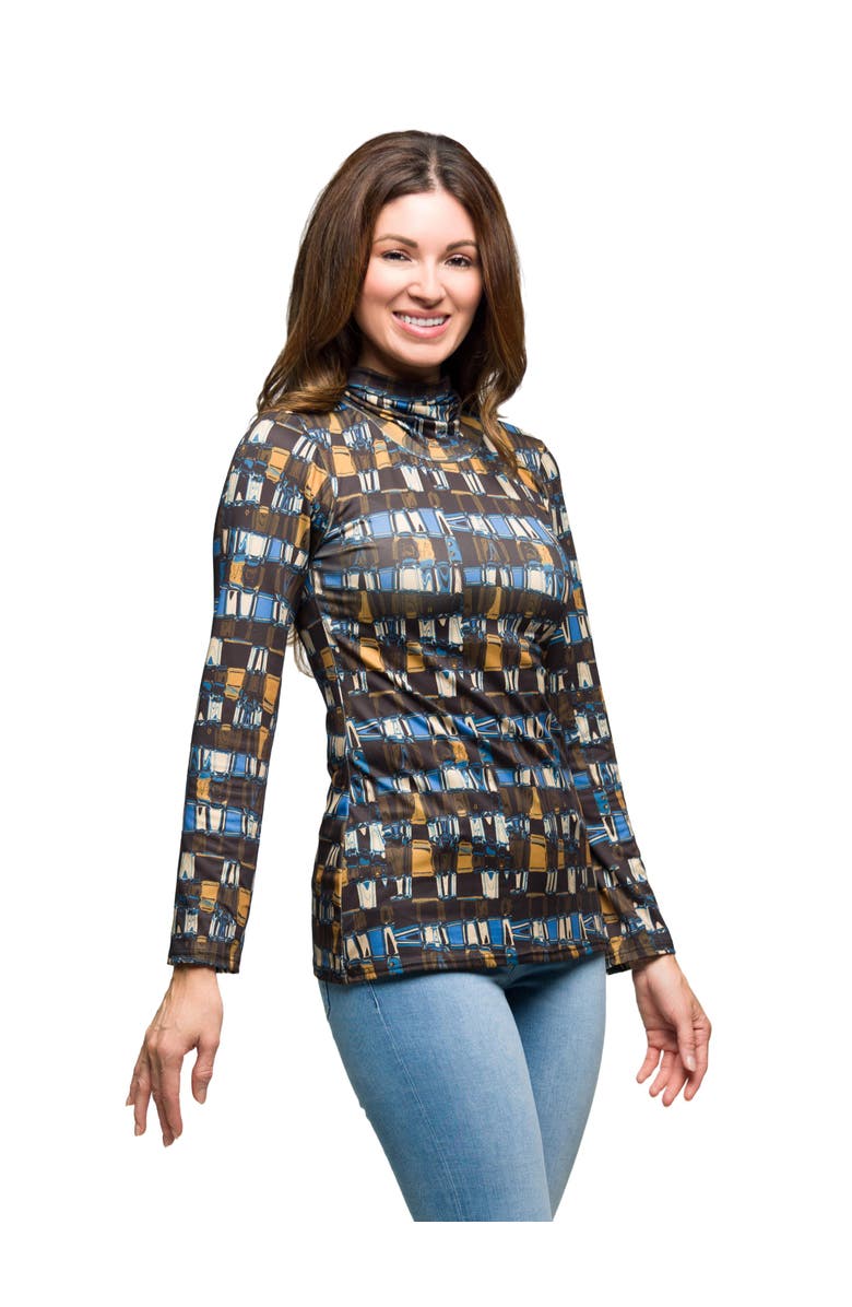 24seven Comfort Apparel Mock Neck Long Sleeve Printed Top, Alternate, color, Brown Multi