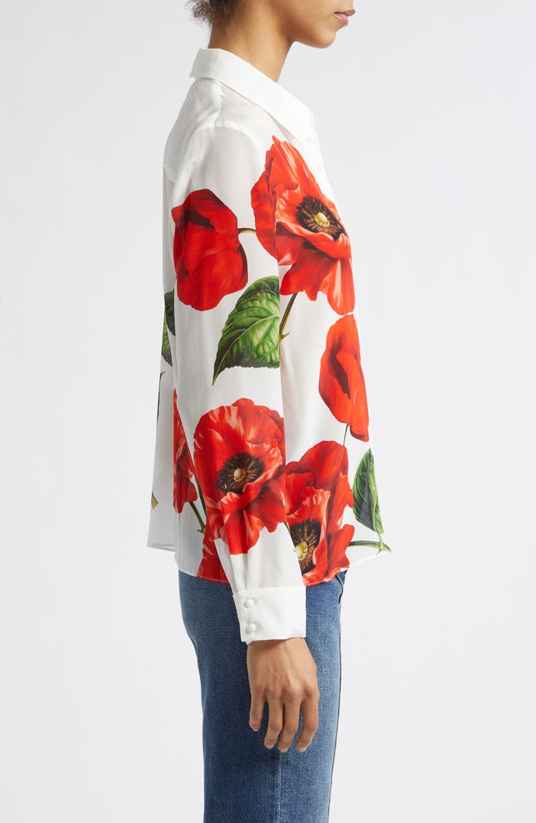 Alice + Olivia Willa Floral Print Silk Button-Up Shirt, Alternate, color, Summer Poppy