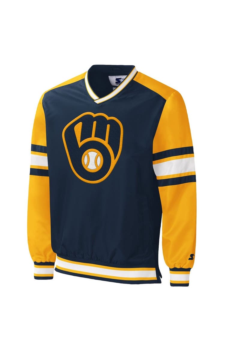 Men's Starter Navy Milwaukee Brewers Yardline V-Neck Pullover Windbreaker, Alternate, color, Navy
