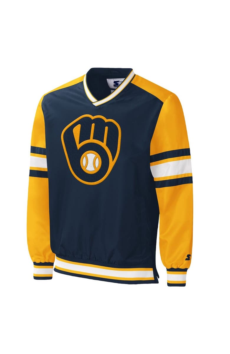 STARTER Men's Starter Navy Milwaukee Brewers Yardline V-Neck Pullover Windbreaker, Alternate, color, Navy