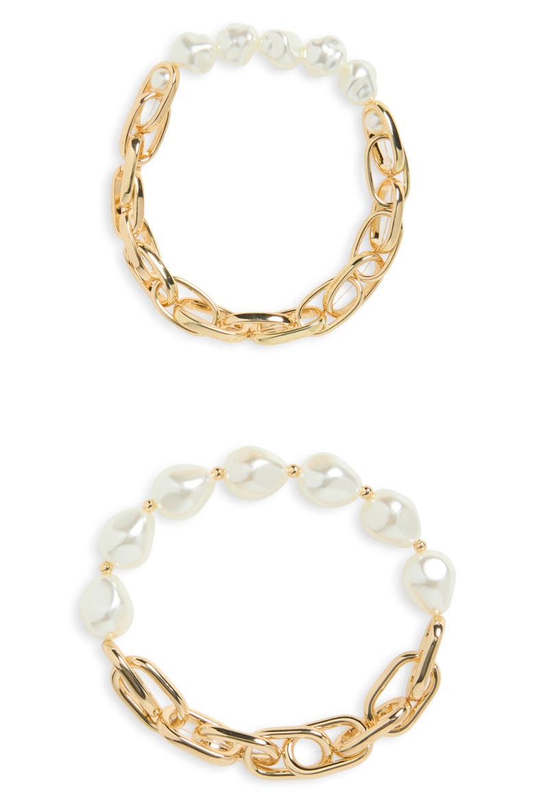 2-Pack Faux Pearl & Chain Stretch Bracelets, Main, color, WHITE- GOLD