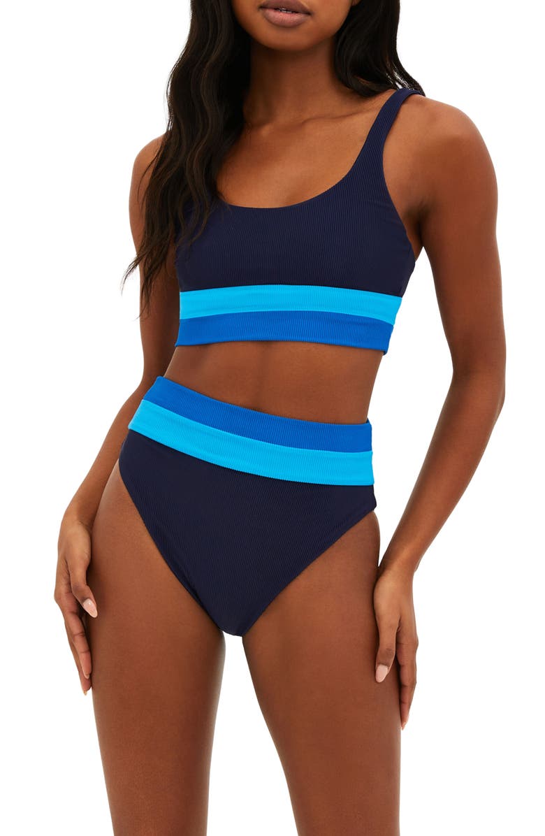 Beach Riot Heidi Colorblock High Waist Bikini Bottoms, Main, color, Marine Colorblock