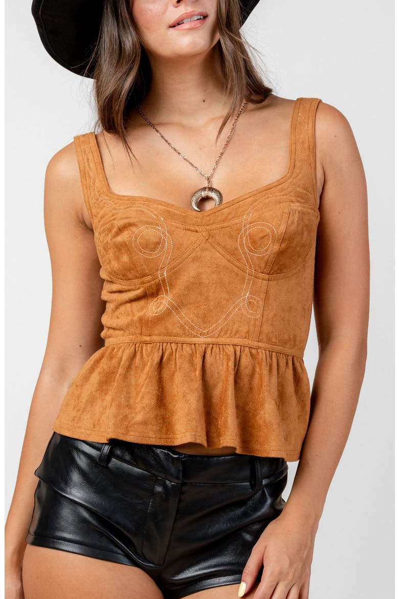 Western Detail Faux Suede Peplum Top, Alternate, color, CAMEL
