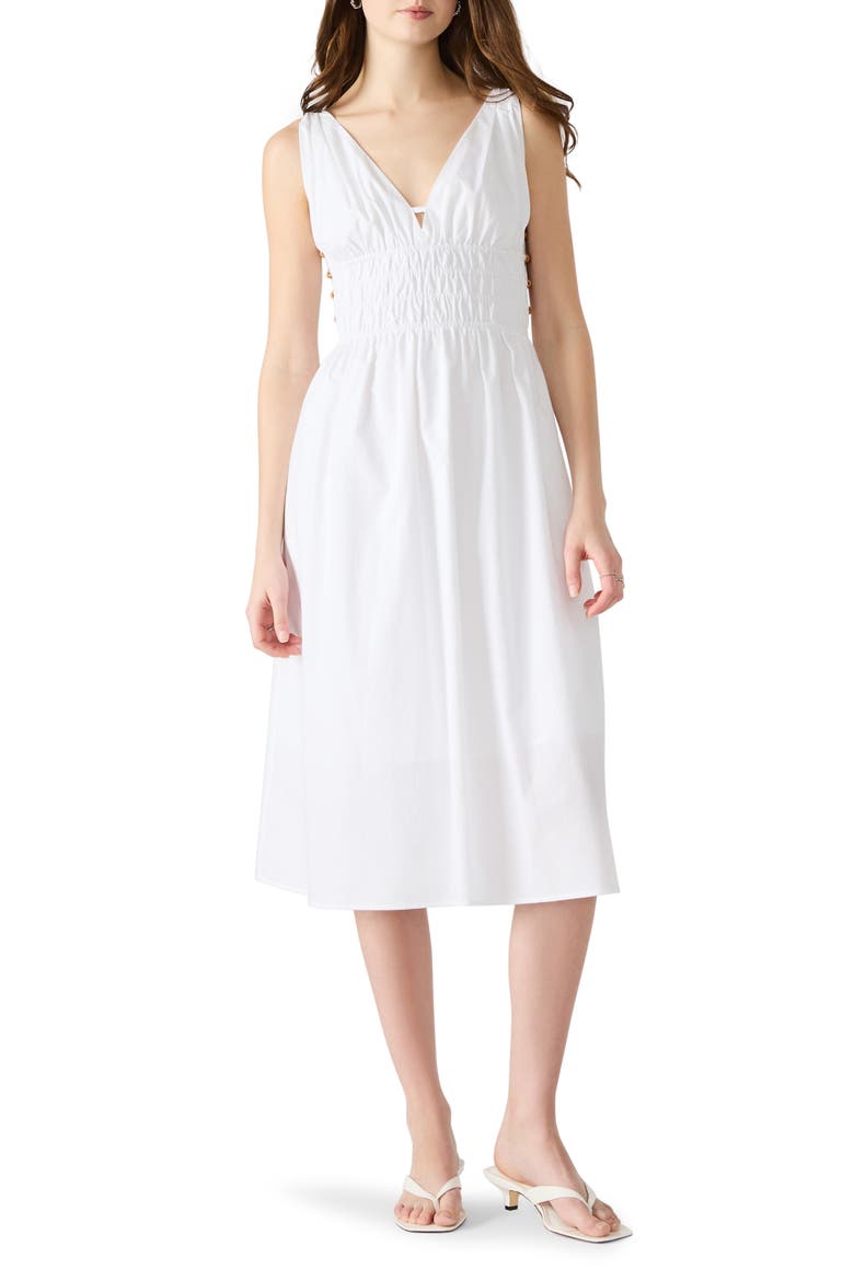 Kassie Bead Detail Smock Waist Cotton Midi Dress, Main, color, WHITE
