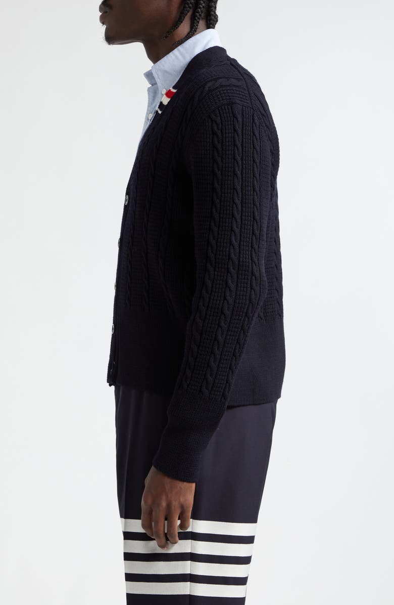 Thom Browne Virgin Wool Cable Stitch Cardigan, Alternate, color,
