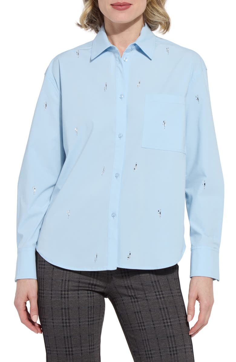 Lysse Skye Crystal Embellished Button-Up Shirt, Main, color, Blue Belle