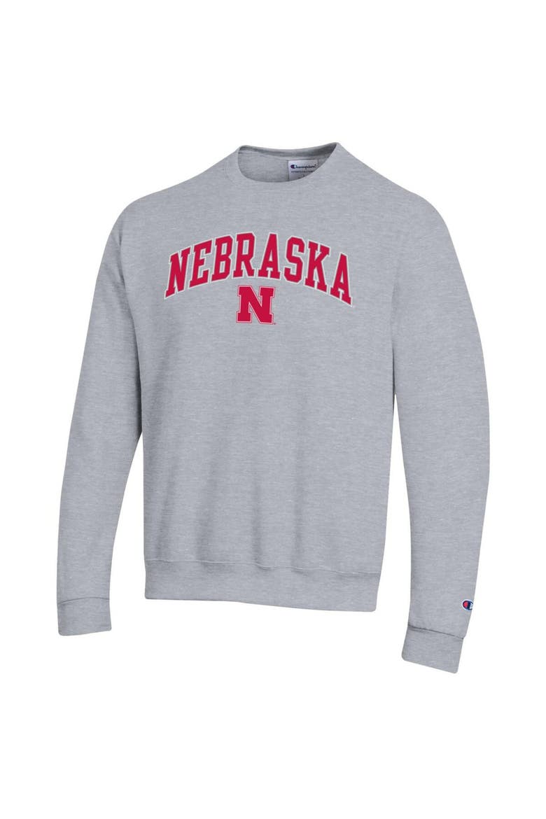 Men's Champion  Heather Gray Nebraska Huskers Arch Over Logo Pullover Sweatshirt, Alternate, color, Heather Gray
