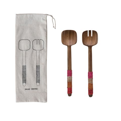 2-Piece Long Teakwood Kitchen Salad Servers with Rattan Wrapped Handles in a Drawstring Bag