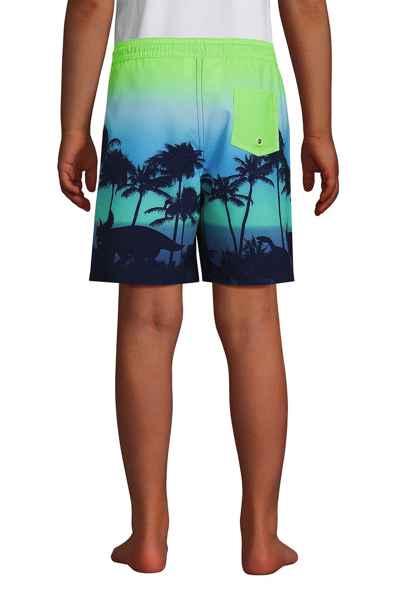 Boys Slim Printed Volley Swim Trunks, Alternate, color, Navy Sunset Dinosaur