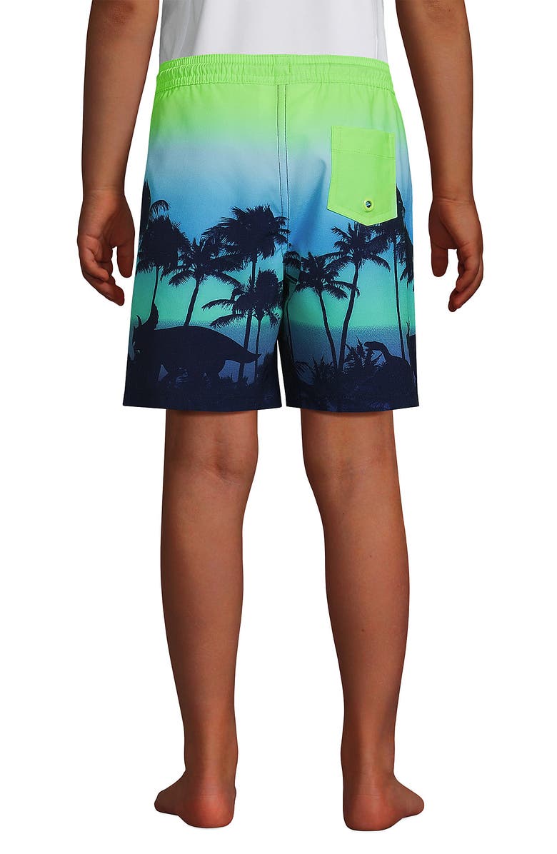Lands' End Boys Slim Printed Volley Swim Trunks, Alternate, color, Navy Sunset Dinosaur