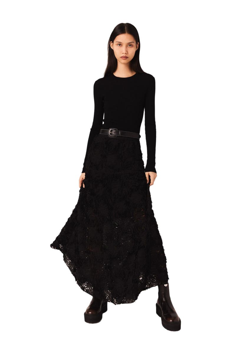 maje Long embroidered skirt, Alternate, color, Black