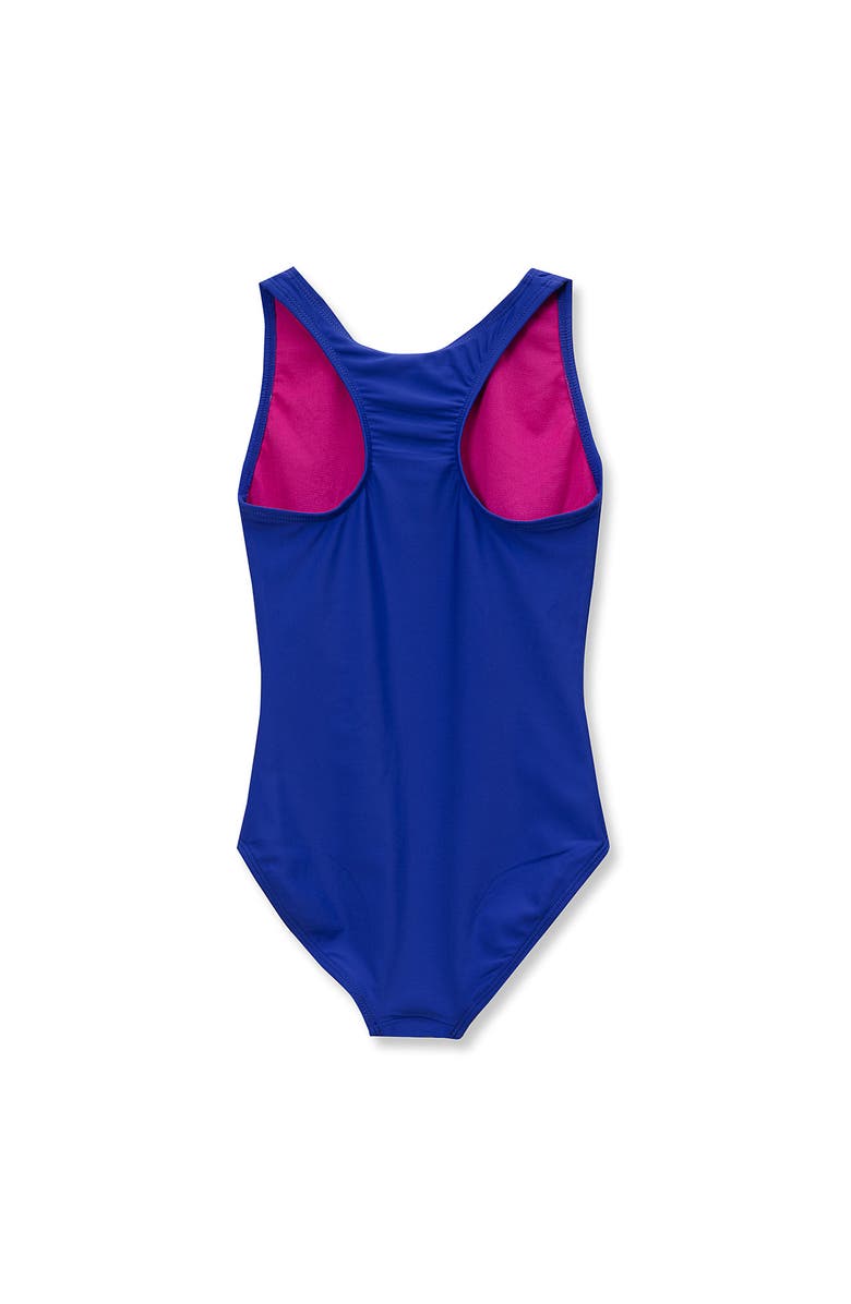 Lands' End Girls Chlorine Resistant Sporty Hi-Neck Racer Back One Piece Swimsuit, Alternate, color, Dazzling Blue Floral