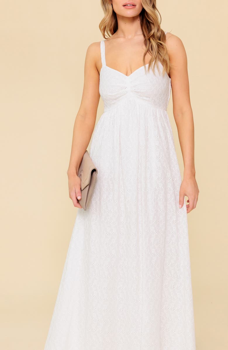 FLYING TOMATO Embroidered Eyelet Empire Waist Cotton Maxi Dress, Alternate, color, Ivory