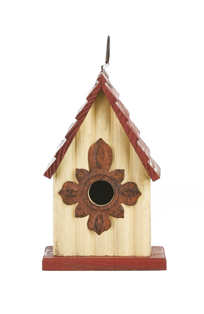 Glitzhome Distressed Solid Wood Decorative Outdoor Garden Birdhouse with 3D Flower or Maple, Alternate, color, Red