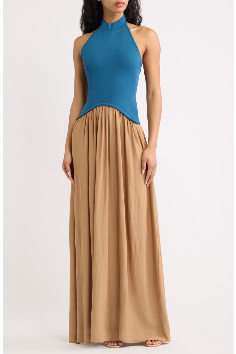 The Halter Soglio Maxi Dress, Main, color, DEEP CANAL / CAMEL