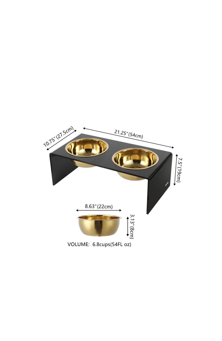 The Licker Store Keaton Modern Lucite Rectangular Elevated Pet Feeder with 2-Stainless Steel Bowls, Alternate, color, Black/Gold