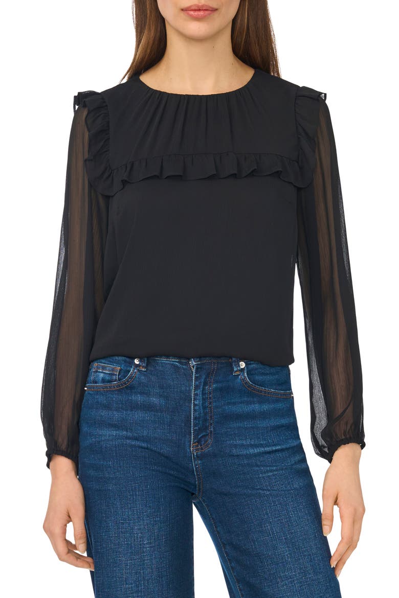 Ruffled Tie Neck Long Sleeve Top, Main, color, RICH BLACK