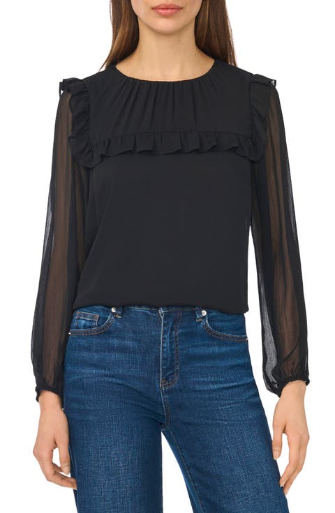 Ruffled Tie Neck Long Sleeve Top