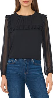 CeCe Ruffled Tie Neck Long Sleeve Top