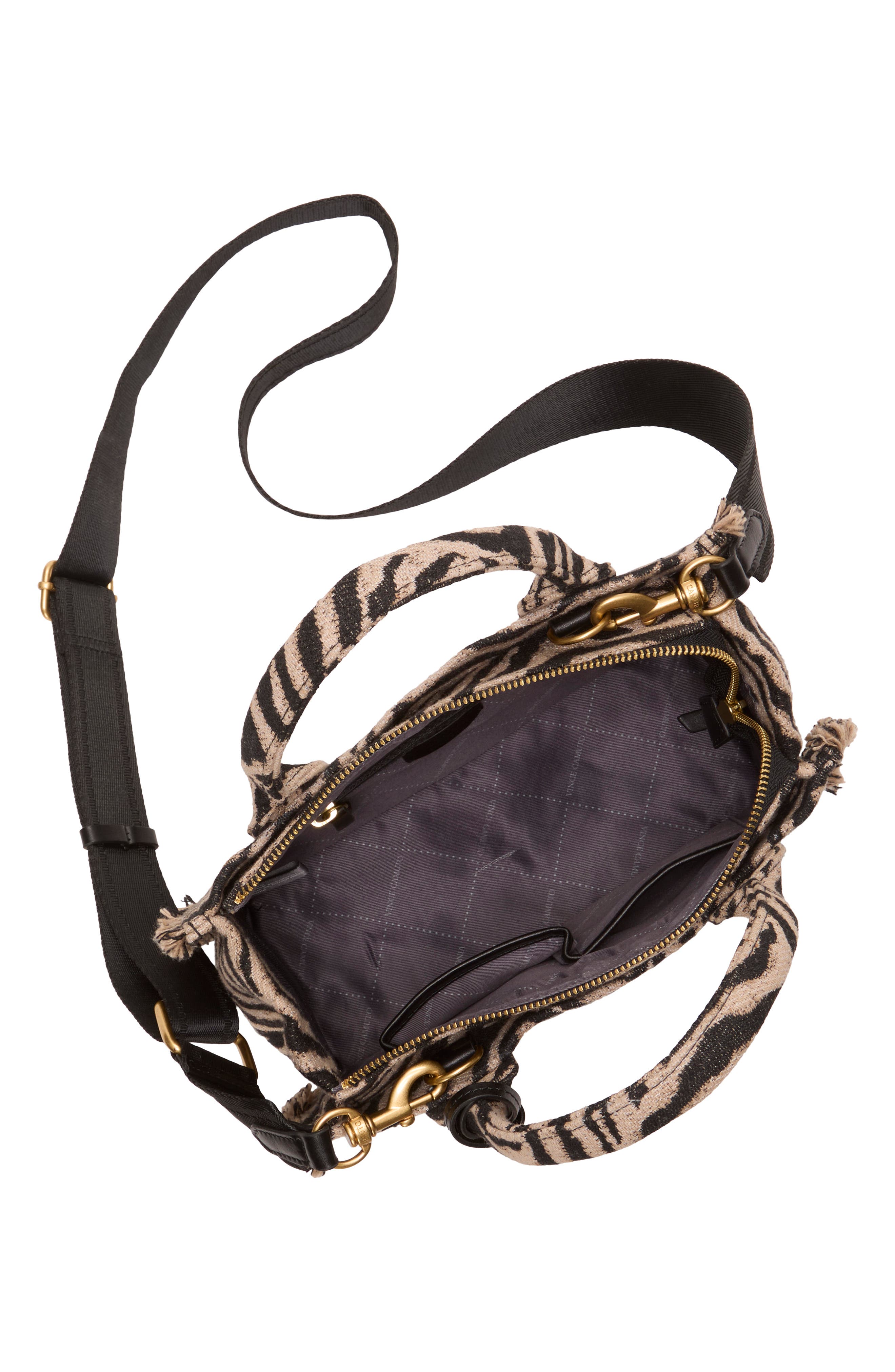 Vince Camuto Zhury Zebra Stripe Fringe Trim Tote, Alternate, color, Brown