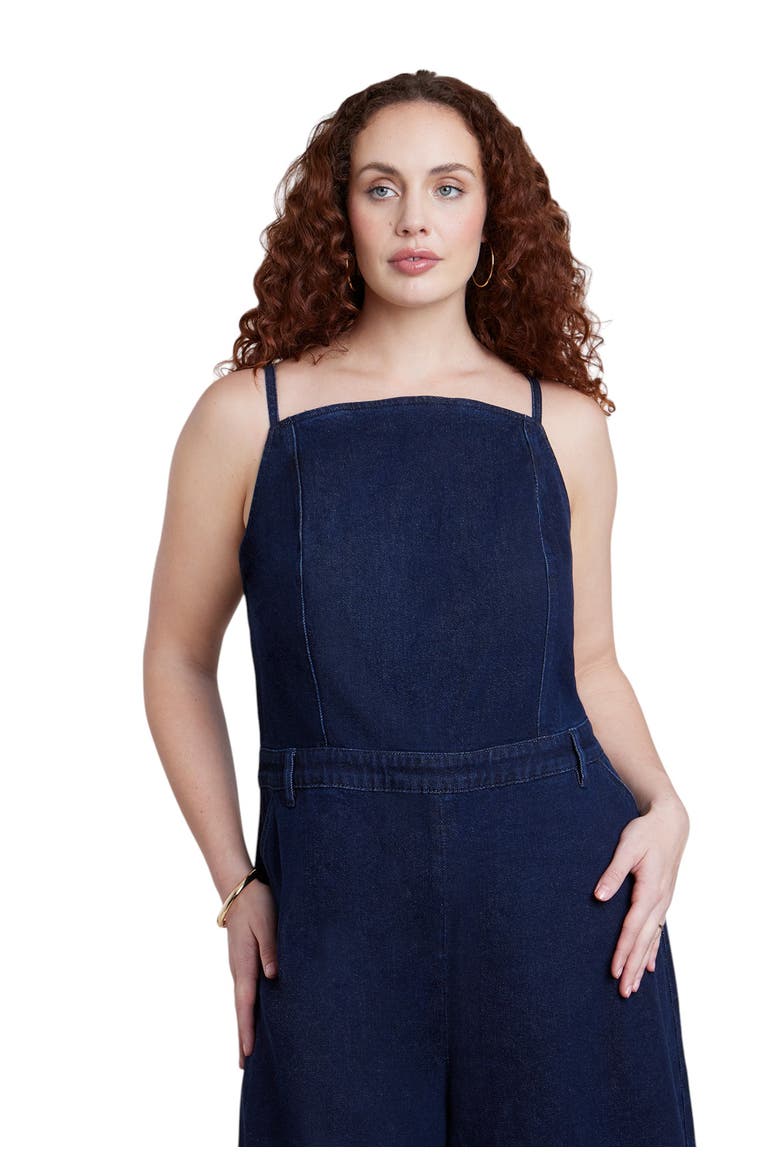 Stretch Denim Culotte Jumpsuit, Alternate, color, DARK WASH