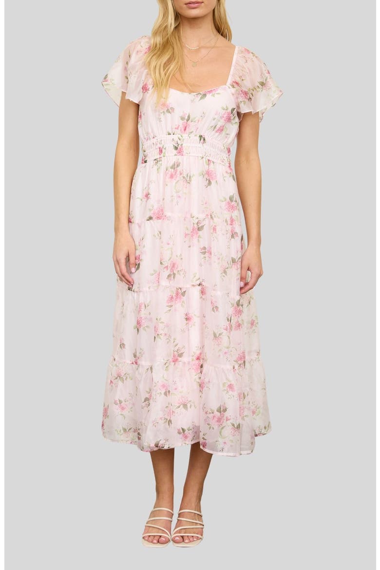 Flutter Sleeve Floral Midi Dress, Main, color, PINK MULTI