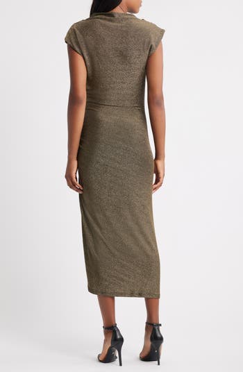 Cowl Neck Asymmetric Satin Midi Dress