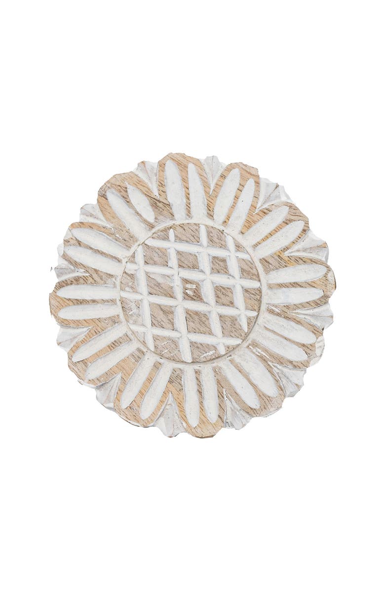 Foreside Home and Garden Set of 4 Floral Carved Coasters White Mango Wood & Jute, Alternate, color, White