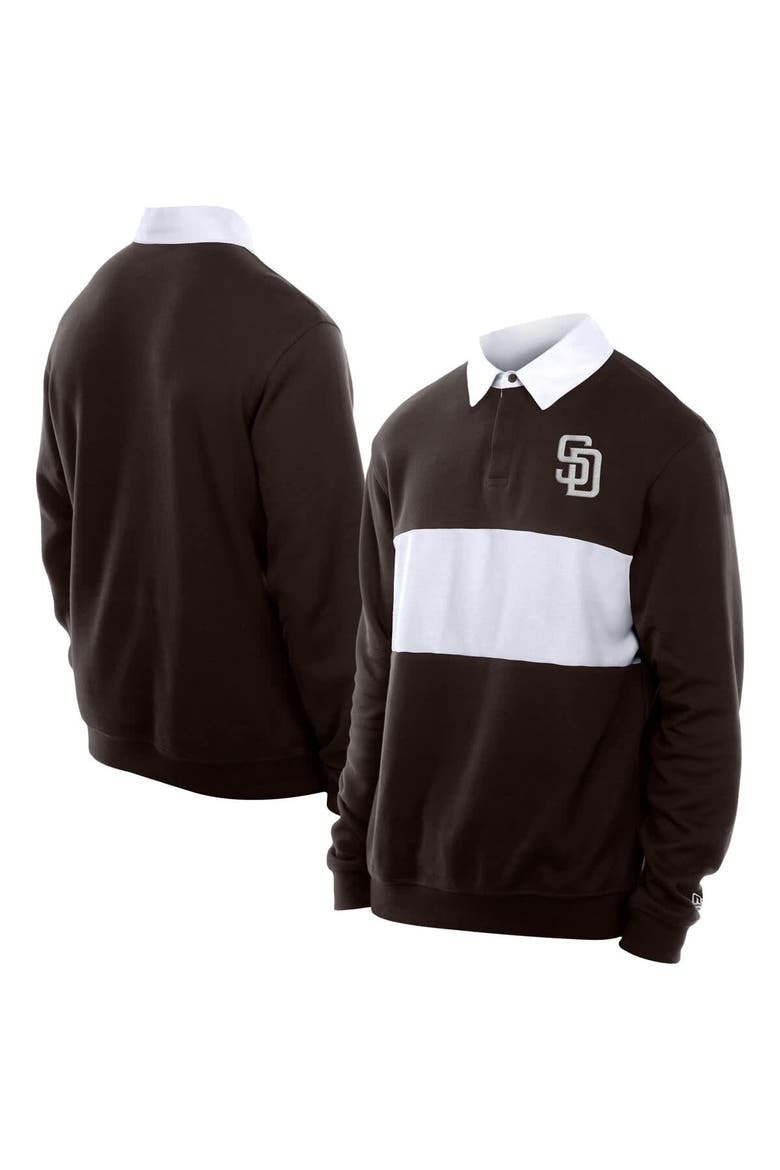 Men's New Era Dark Brown San Diego Padres Throwback Prep Colorblock Rugby Polo, Main, color, Dark Brown