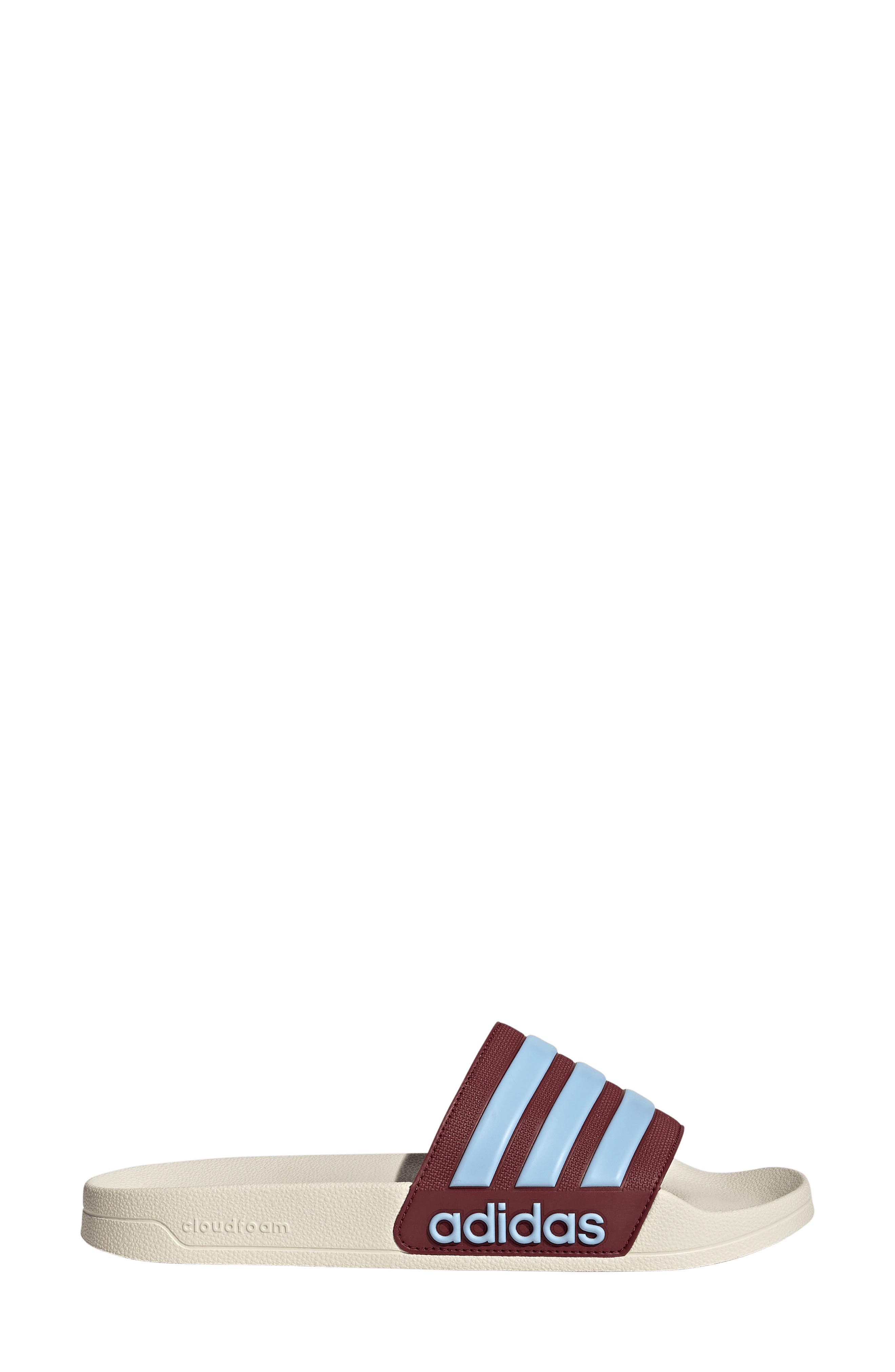 Gender Inclusive Adilette Shower Slide, Alternate, color, OFF WHITE/ ICE BLUE/ RED