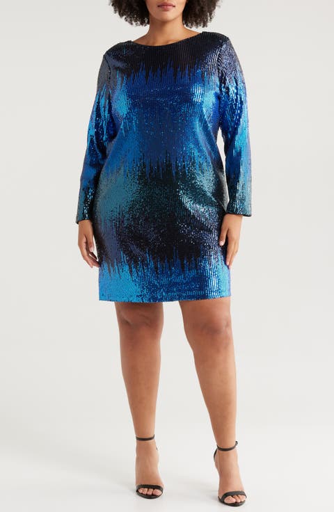 Long Sleeve Sequin Cocktail Minidress (Plus)