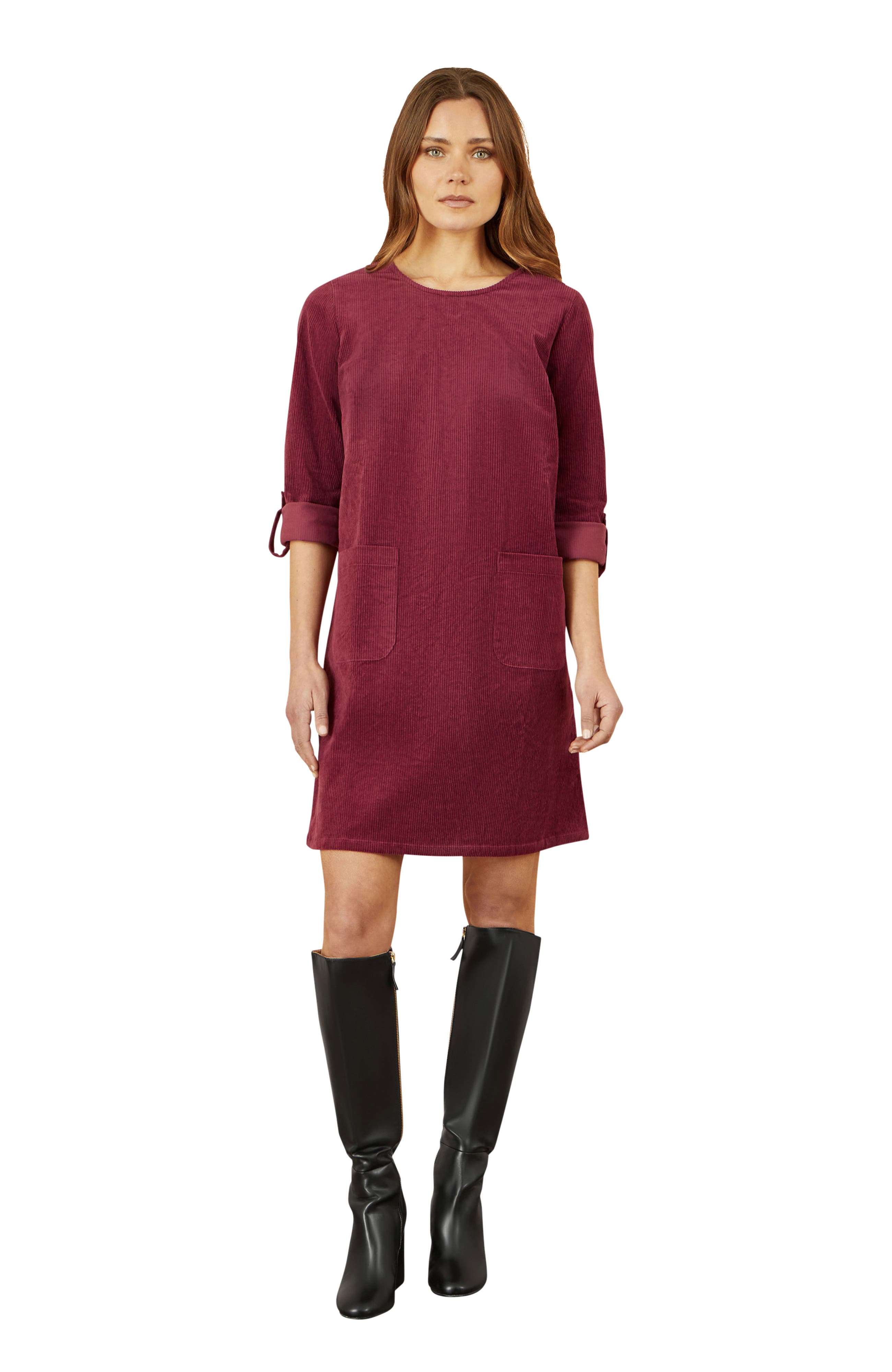 Yumi Cord Tunic Dress With Pockets In Brown