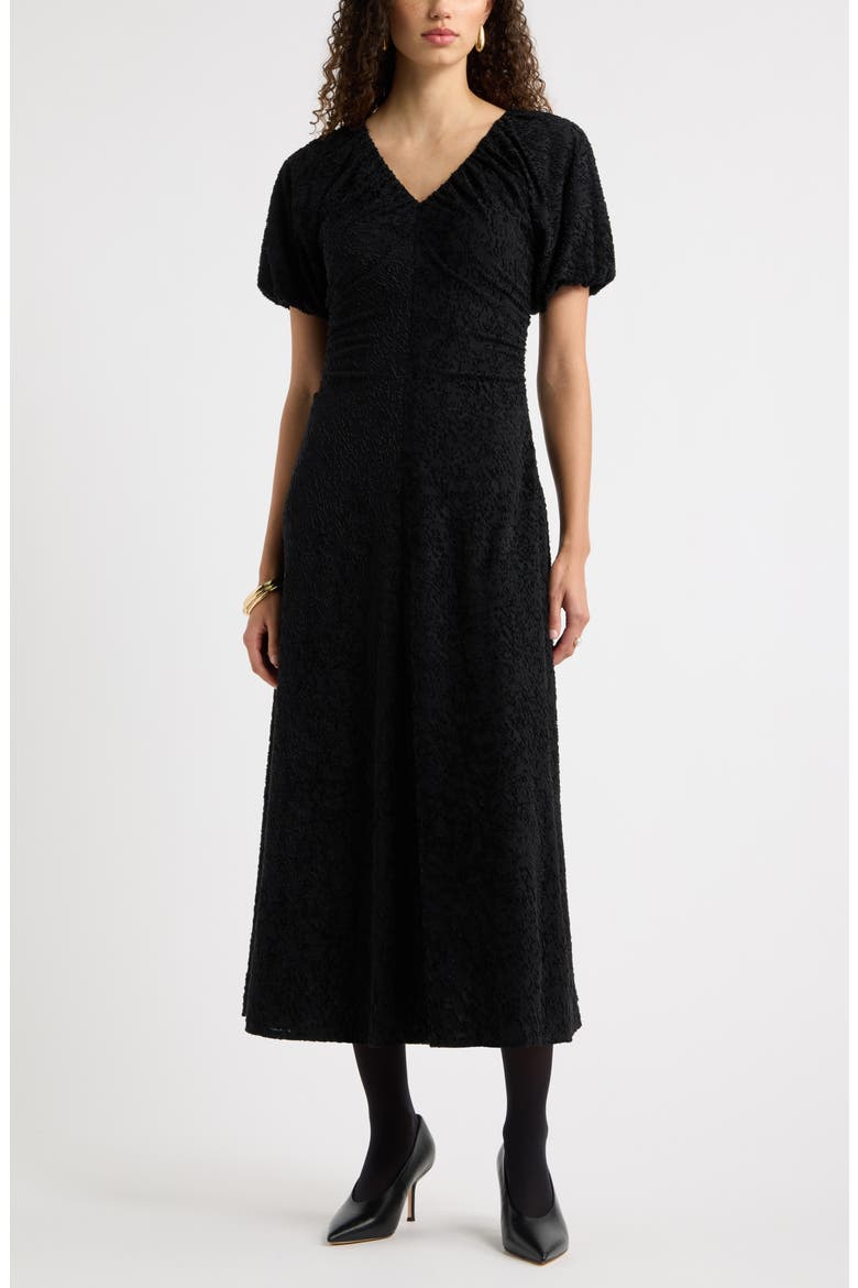 Ruched V-Neck Textured Knit Midi Dress, Main, color, BLACK