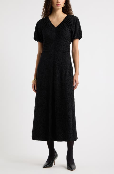 Ruched V-Neck Textured Knit Midi Dress
