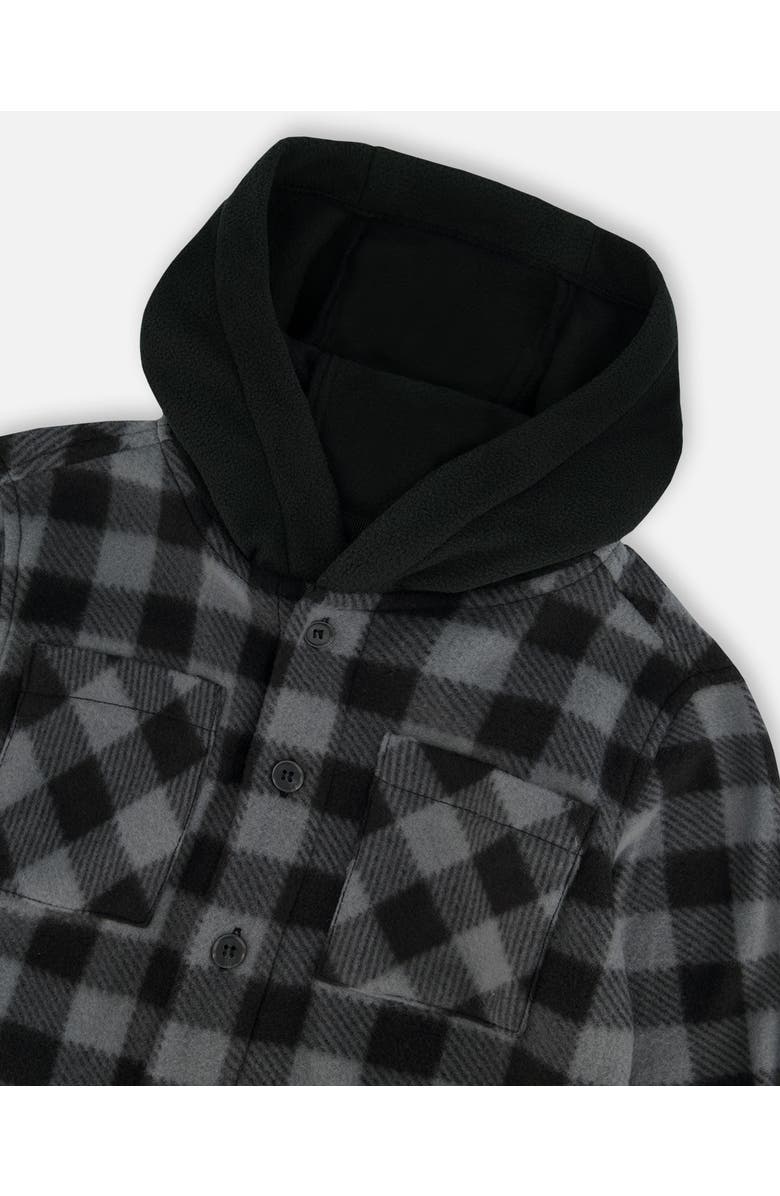 Deux par Deux Boy's Polar Fleece Shirt With Hood Black Plaid, Alternate, color, 