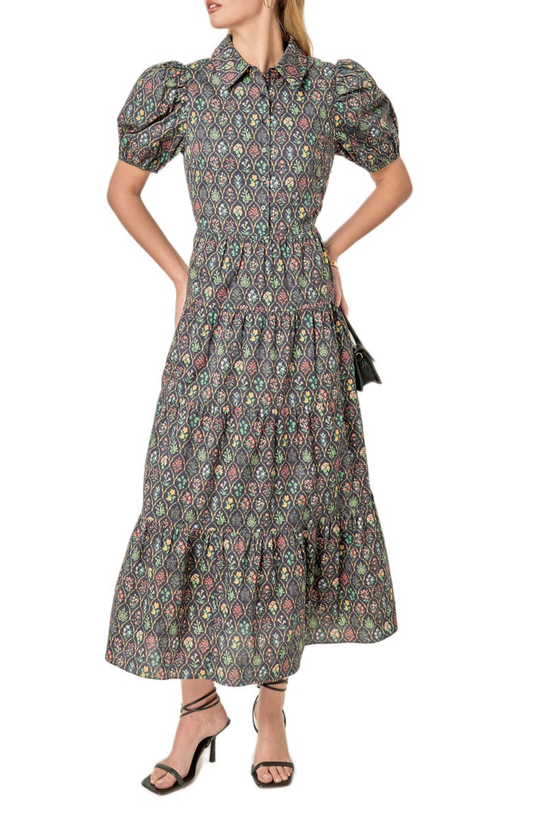 English Factory Floral Tiered Cotton Shirtdress, Alternate, color, Navy Floral