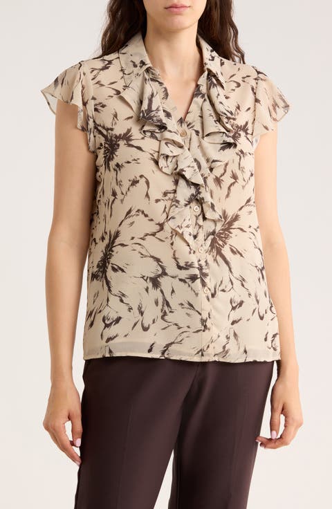 Cap Sleeve Ruffle Button-Up Shirt