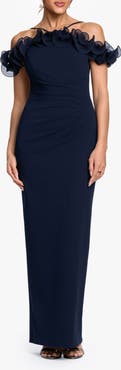 Xscape Evenings Wire Ruffle Cold Shoulder Sheath Gown