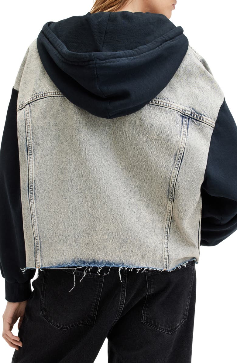 AllSaints Milena Mixed Media Hooded Denim Jacket, Alternate, color, Indigo Blue