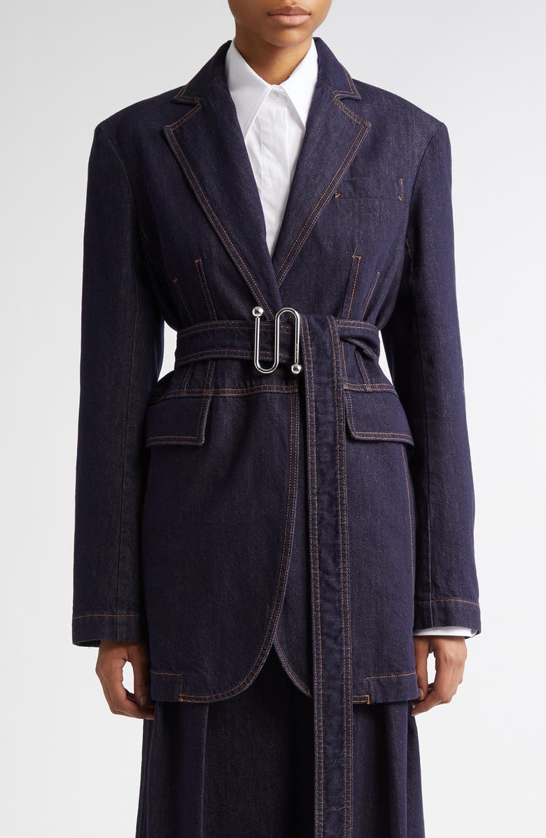 SPORTMAX Domino Monogram Buckle Belted Denim Jacket, Main, color, Navy