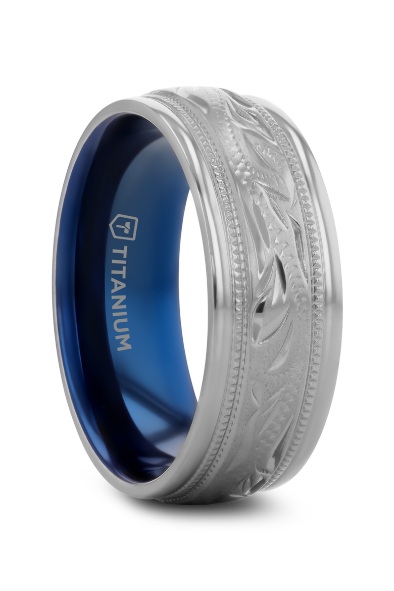MARINER Titanium Milgrain Engraved Finish Wedding Ring, Main, color, Silver / Blue 8mm