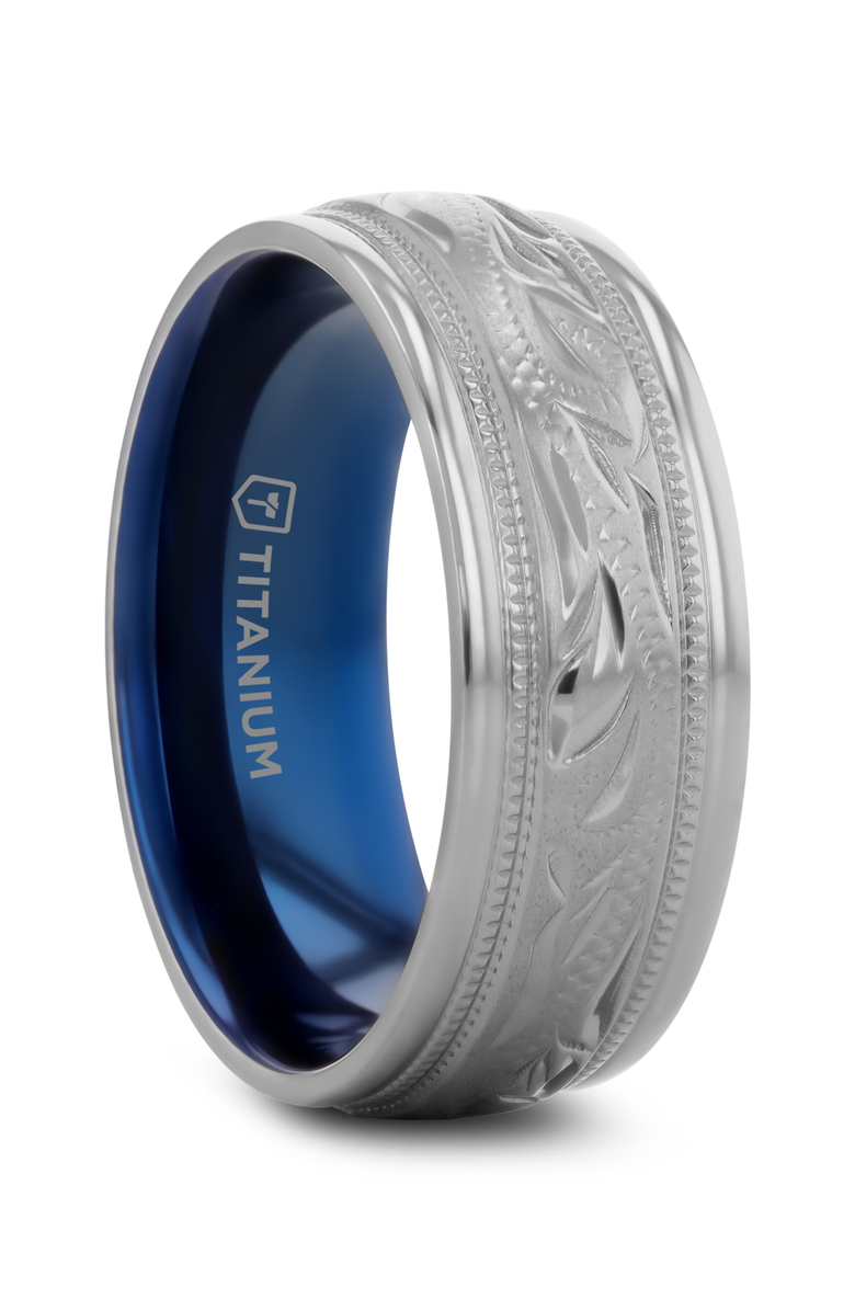 Larson Jewelers MARINER Titanium Milgrain Engraved Finish Wedding Ring, Main, color, Silver / Blue 8Mm